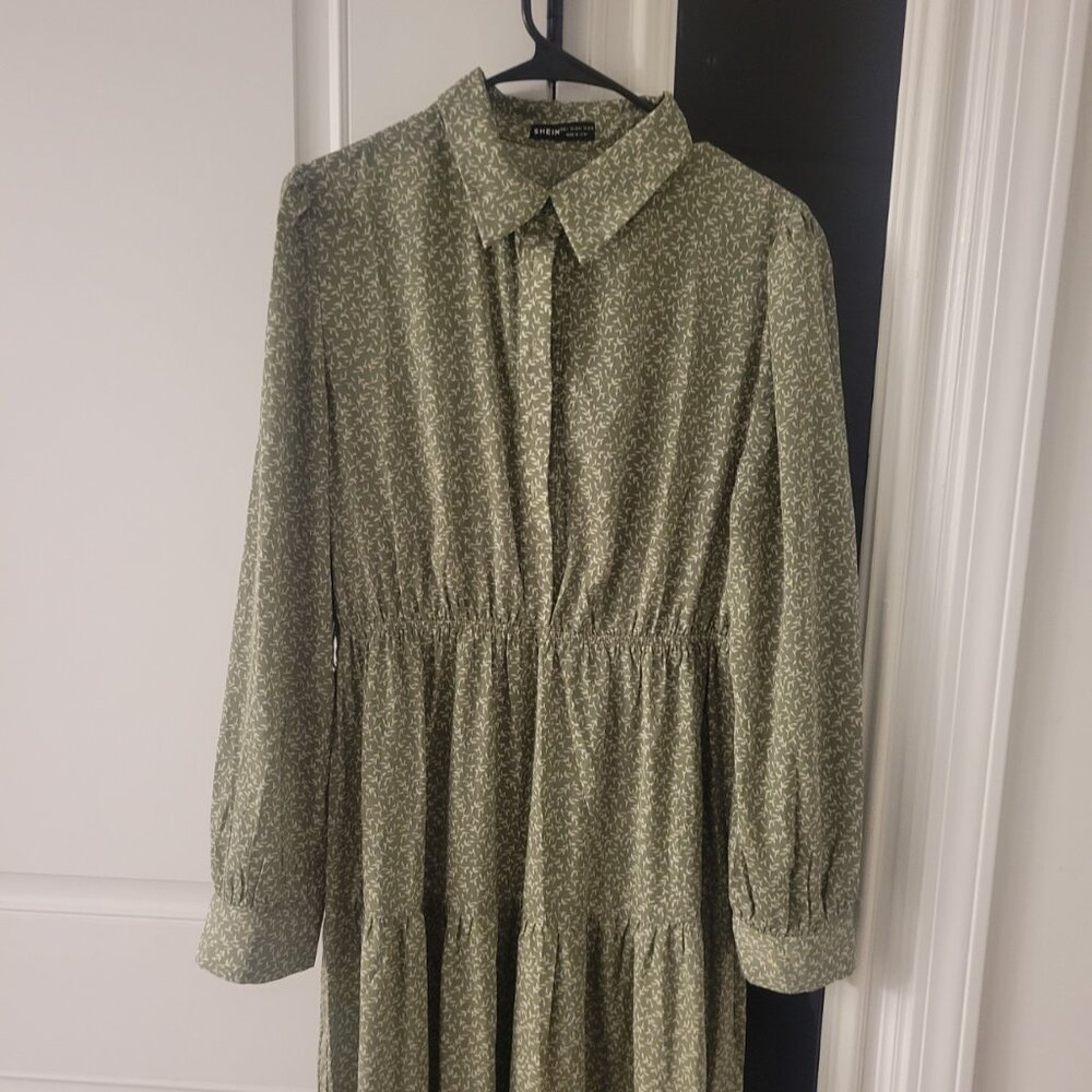 Shein Long Sleeve Maxi Dress Prairie Tiers Belt Green Floral sz L US 8/10 Cute - Picture 6 of 11